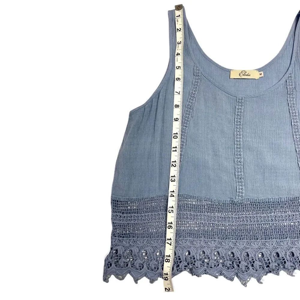 Light Blue tank crop top with embroidered lace accents